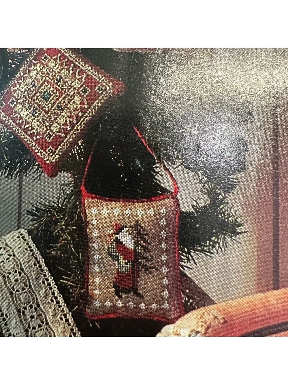 Poinsettias in a windowframe design Completed Vtg Crosstitch needlework panel